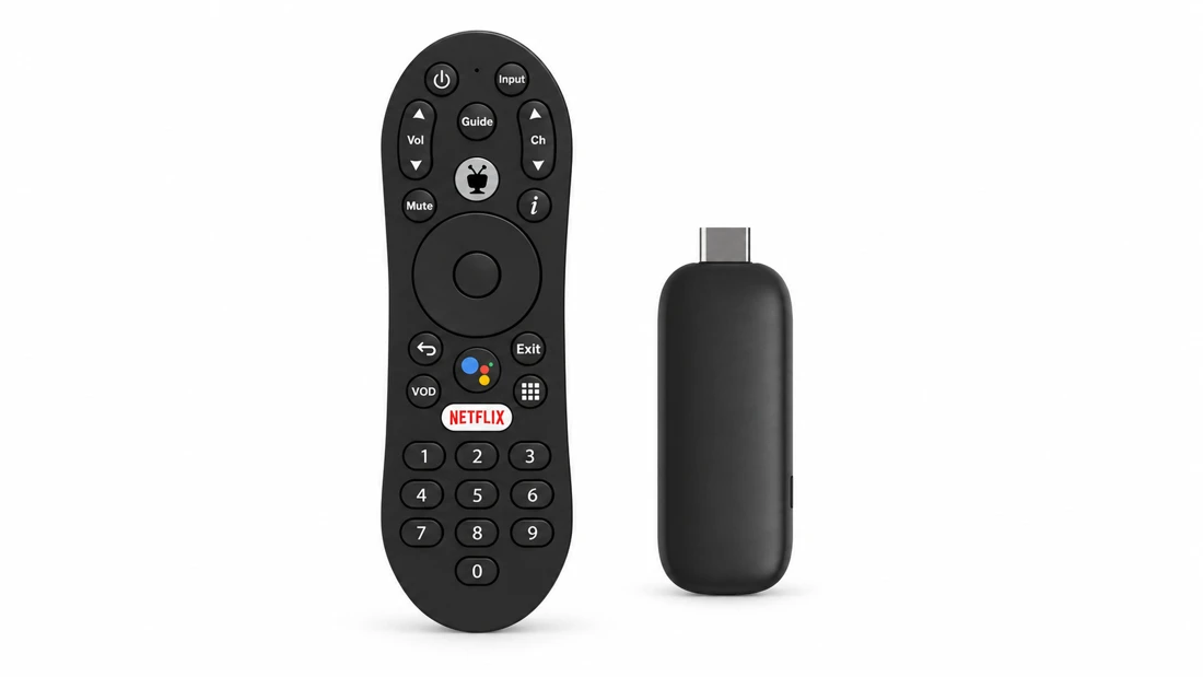 Control remoto negro y dispositivo HDMI aportados por el responsable comercial