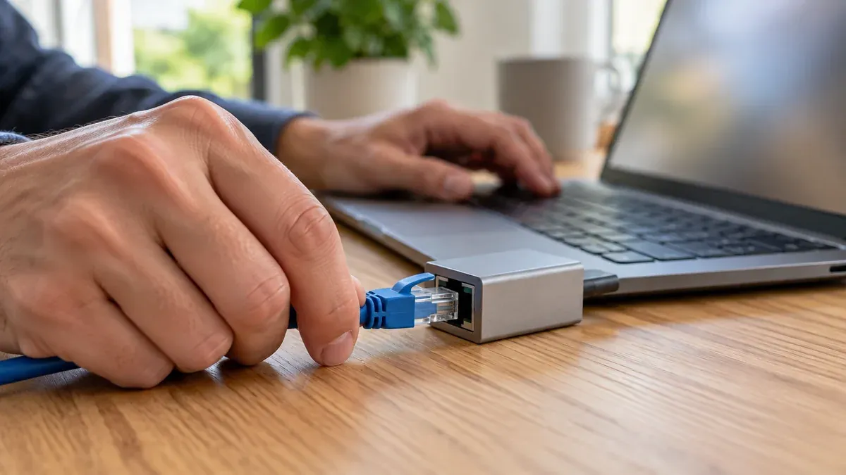 Hands connecting an Ethernet cable to a computer adapter