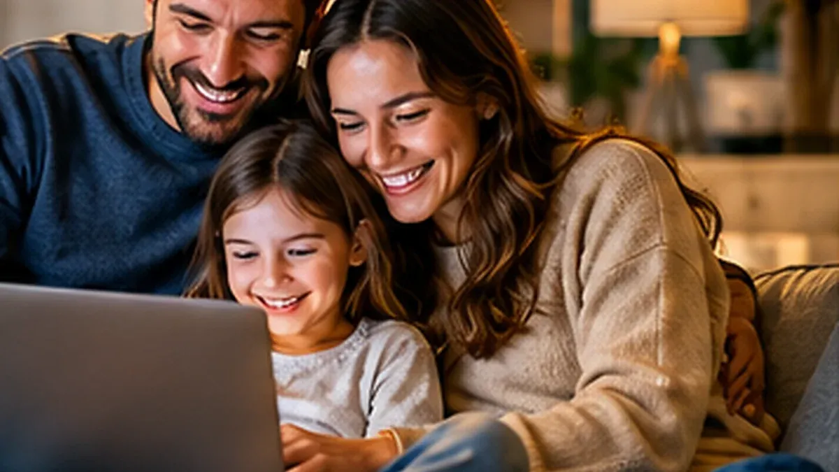 Familia navegando en internet desde un computador portátil