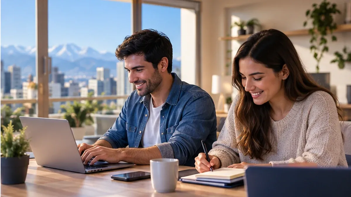 Couple working on computers at home; illustrative scene