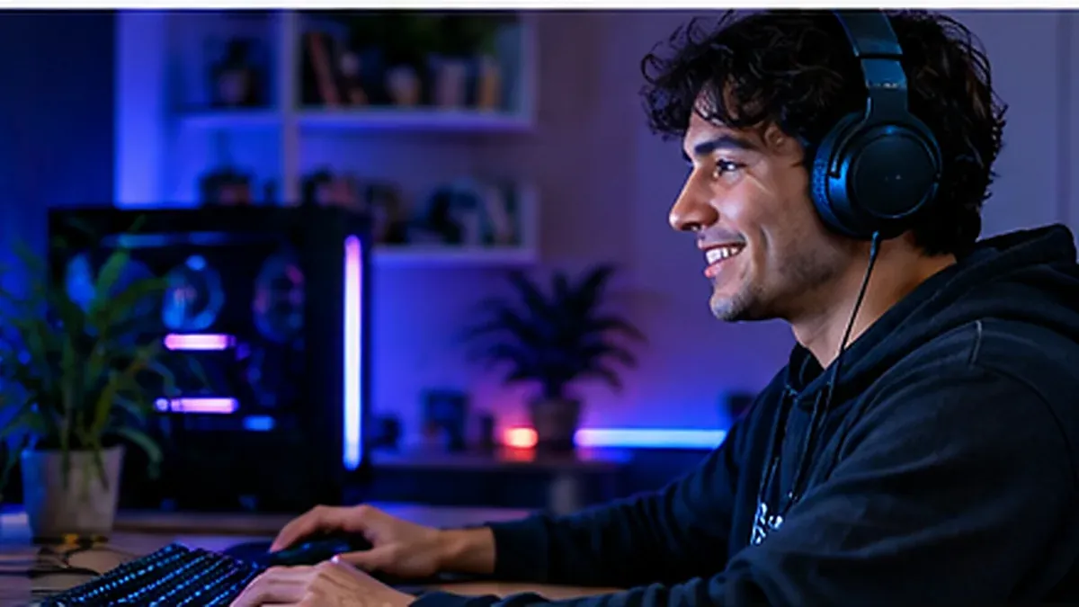 Person playing video games with headphones at home