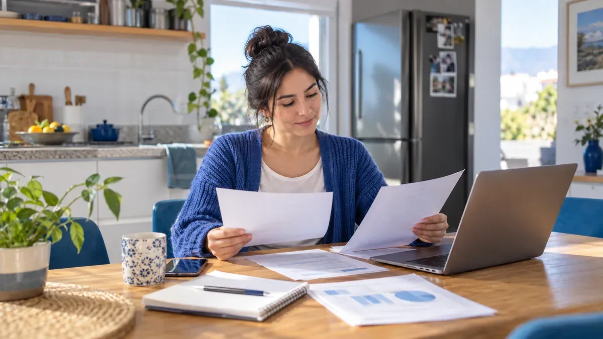 Person reviewing documents beside a computer; illustrative scene
