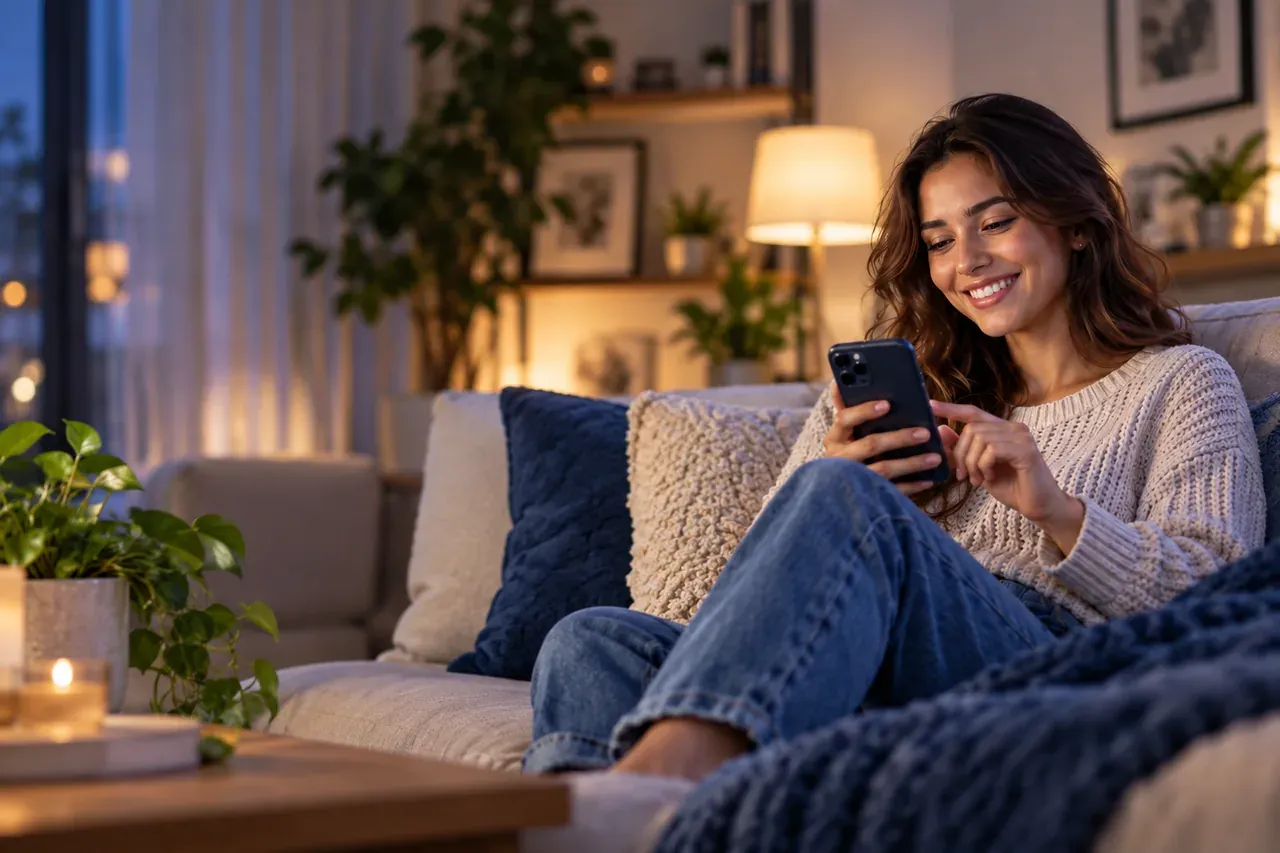 Mujer utilizando su teléfono cómodamente en casa
