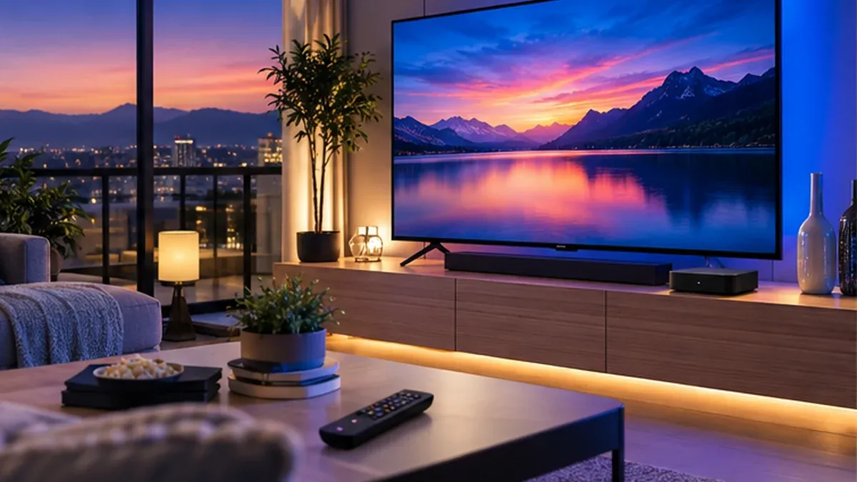 Televisor en una sala al atardecer; escena ilustrativa sin suscripción incluida