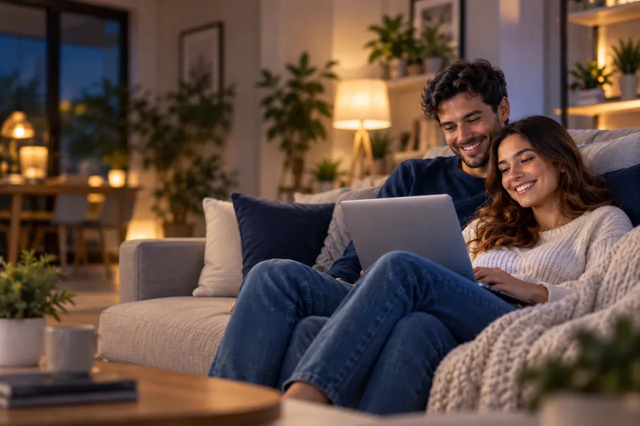 Pareja utilizando un computador en un hogar moderno
