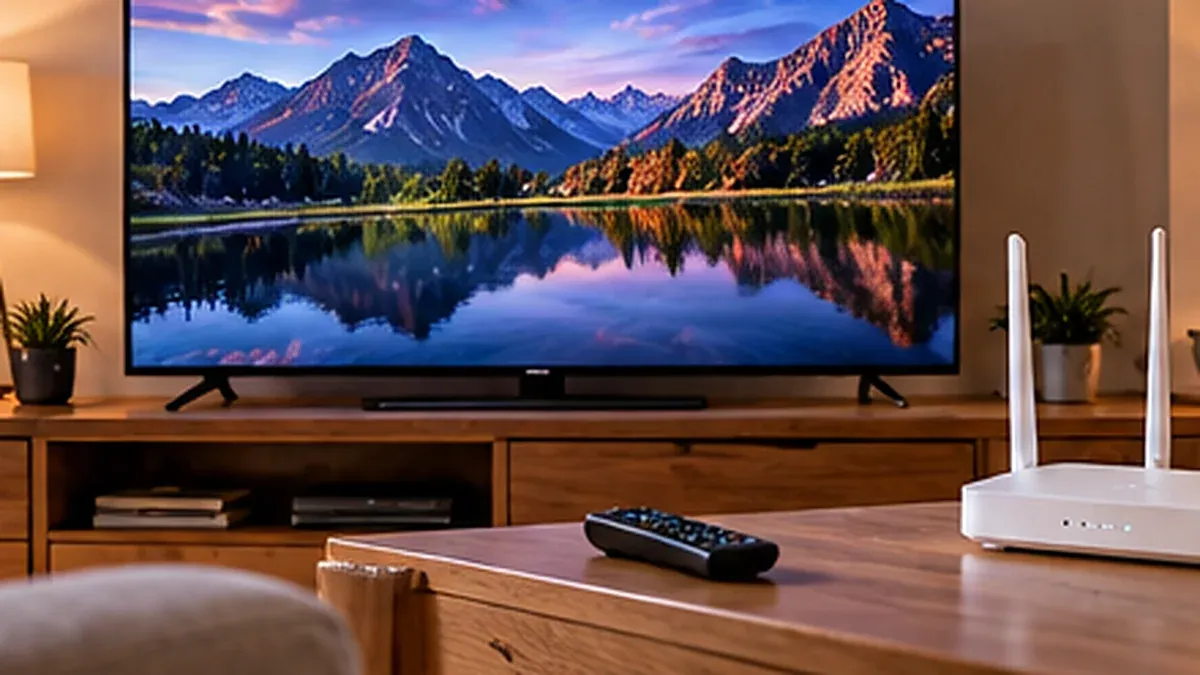 Televisor y router Wi-Fi en una sala moderna