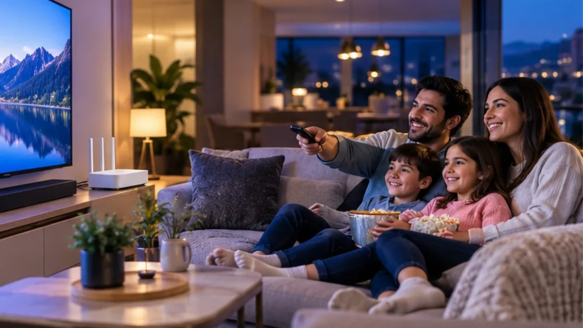 Family gathered around a television; illustrative scene