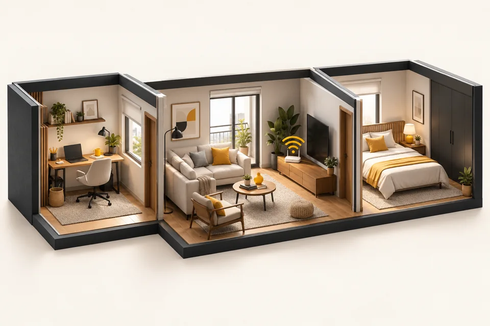 Ilustración de una vivienda con distintos espacios de uso de Internet