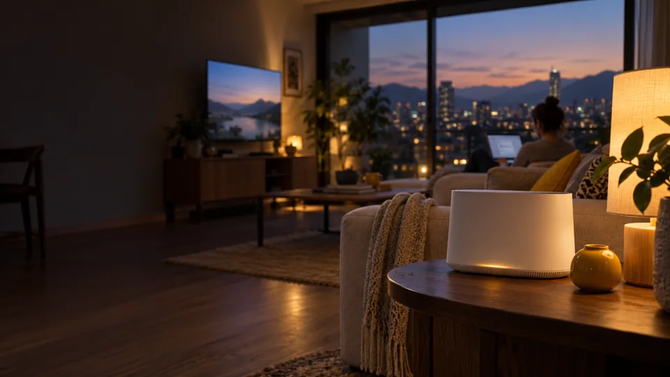 Escena ilustrativa de un hogar conectado al atardecer